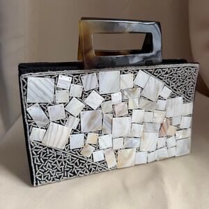 Mad Bags Mother Of Pearl Beaded Clutch With Tortoise Resin Handles Like New